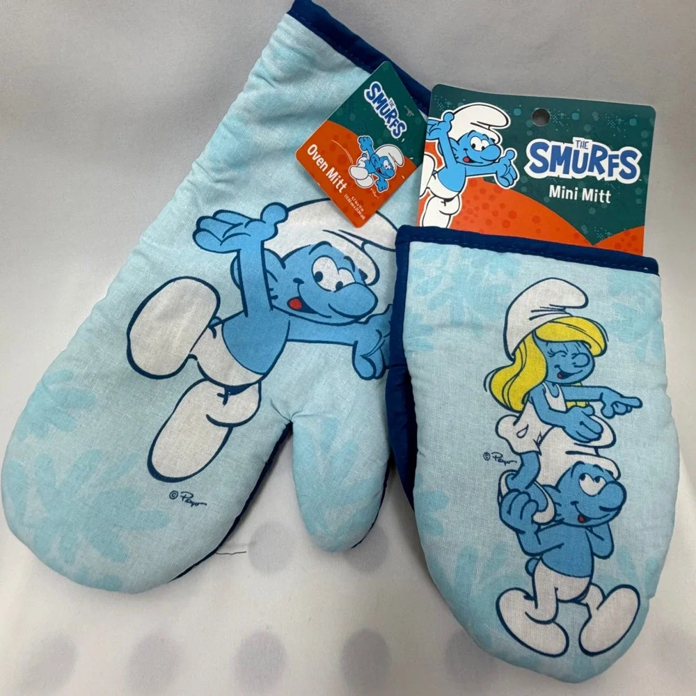 The Smurfs Oven Mitt and Mini Mitt Set Blue Cotton Kitchen Linens NWT